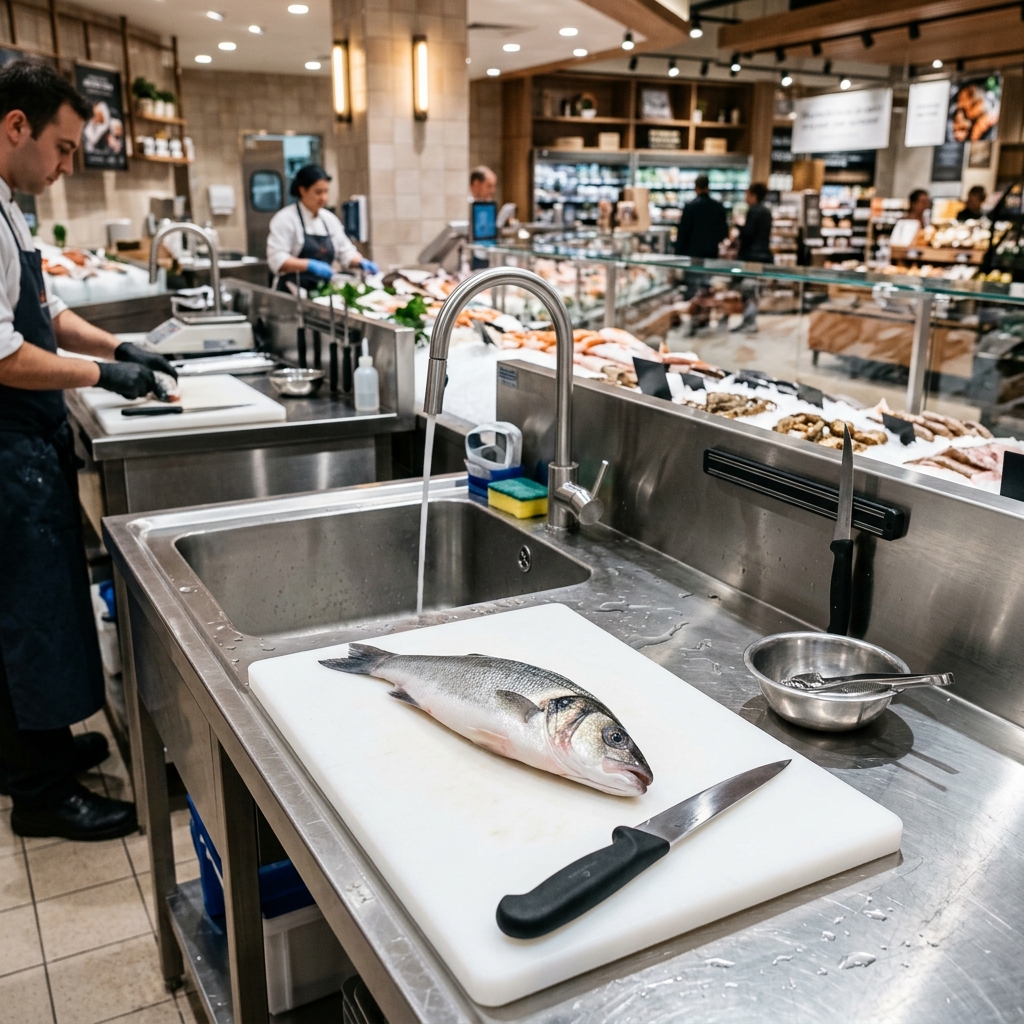 Lavorazione Pesce - Tavolo svisceramento e lavaggio in acciaio inox