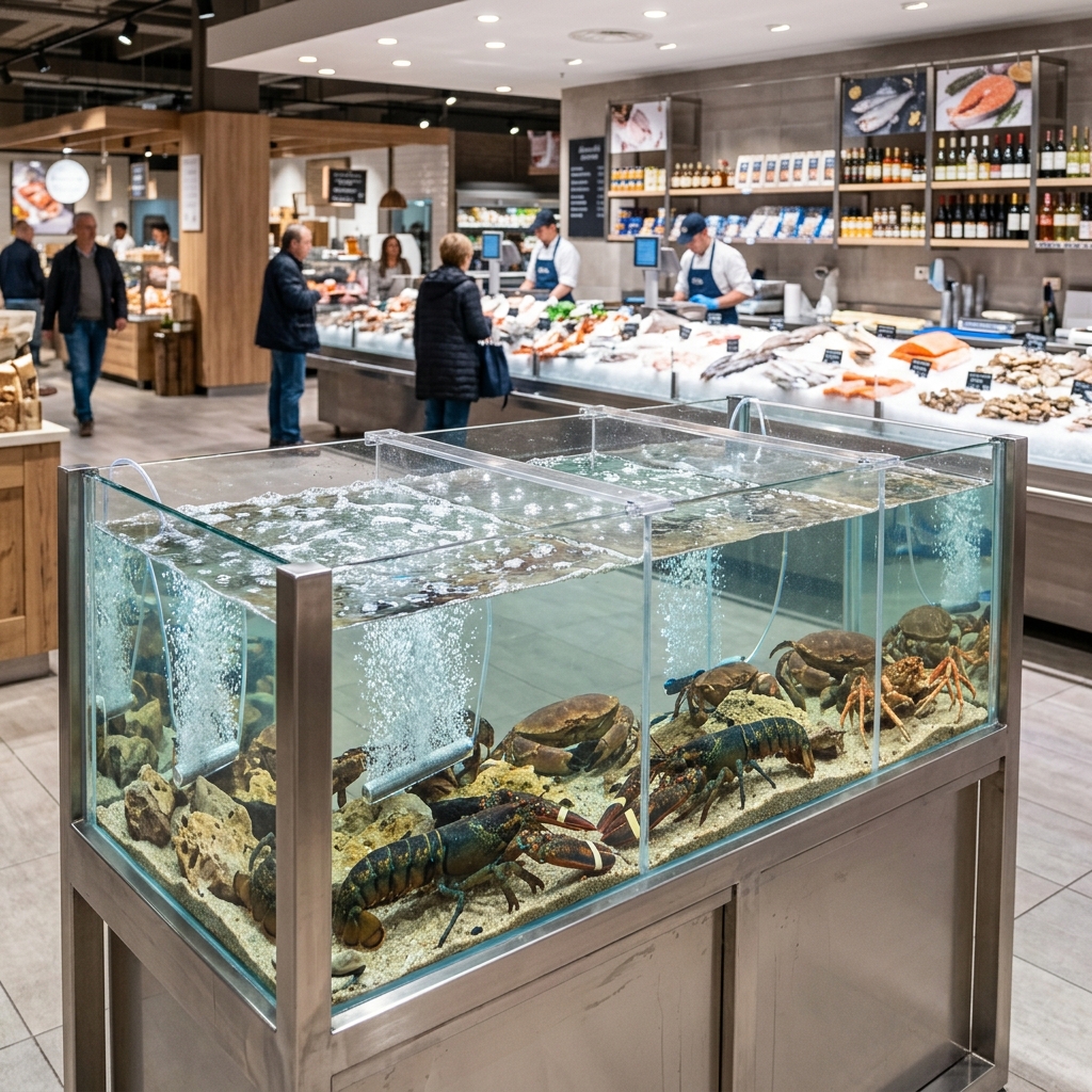 Lavorazione Pesce - Acquario esposizione crostacei vivi in inox e vetro