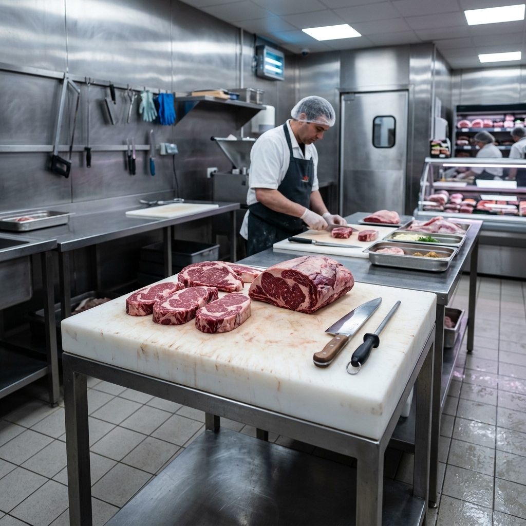 Lavorazione Carne - Ceppo polietilene 10cm su sgabello inox