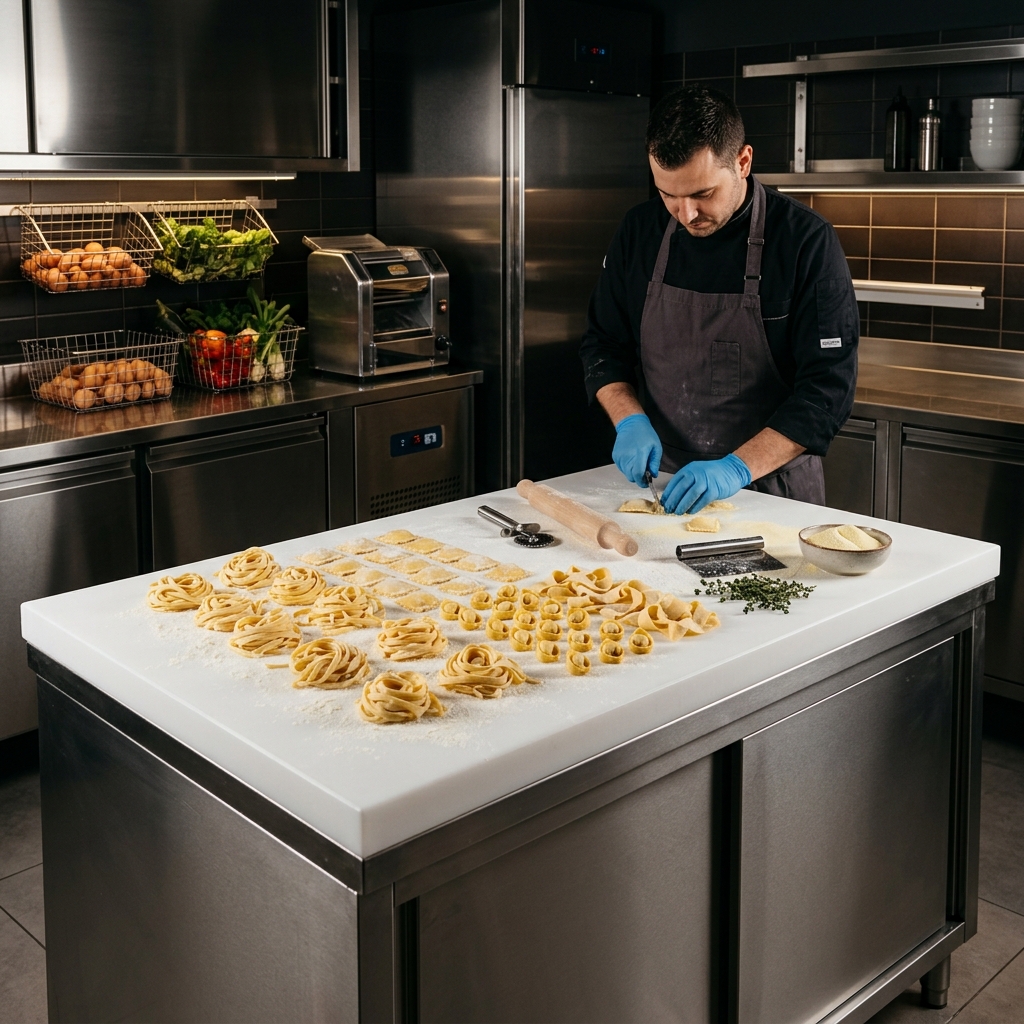 Lavorazione Pasta - Piano in polietilene 10cm su tavolo armadiato