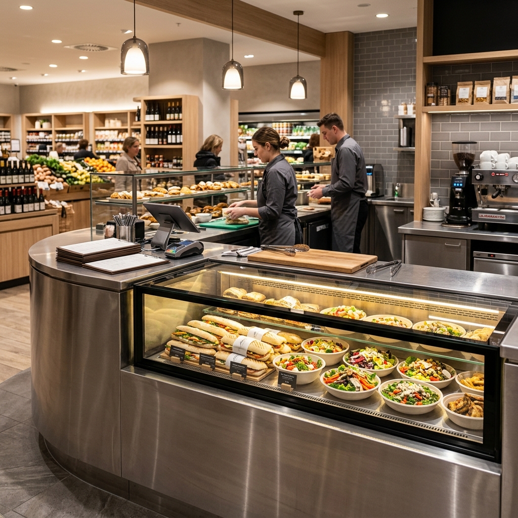 Snack Bar - Banco bar curvo con vetrina espositiva panini